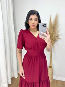 Women's Plain Midi Dress With Elastex On The Back - 紅木色 - 查看 3