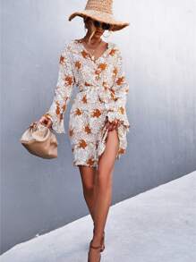 Floral Print Bell Sleeve Dress - White - View 5