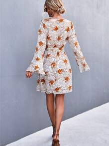 Floral Print Bell Sleeve Dress - White - View 2