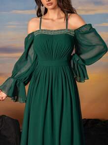 SUPGIR Cold Shoulder Flounce Sleeve Dress - Dark Green - View 7
