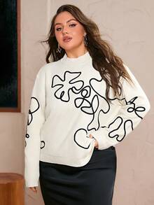 Simplee Damtröja i plus size med tvinnat mönster, lång ärm, pullover, för pendling, lämplig för hemmet, kontoret och utomhusbruk, ny stil för höst/vinter - Vitt - Visa 6
