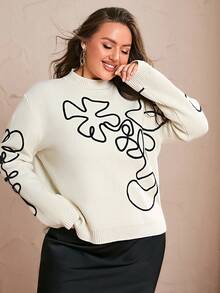 Simplee Damtröja i plus size med tvinnat mönster, lång ärm, pullover, för pendling, lämplig för hemmet, kontoret och utomhusbruk, ny stil för höst/vinter - Vitt - Visa 3