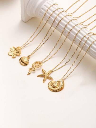 1 件全新 18K 镀金五叶花、海星、贝壳、蛇形设计女士吊坠项链，波西米亚风格情人节礼物