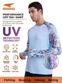 RIIIPO RIIIPO Men's UPF 100+ Performance Extended Long Sleeves Outdoor Sun Protection Fishing Shirt With UV Detection Technology, Round Neck, Camouflage Print, Integrated Microfiber Lens Cleaner, Rapid Sweat Wicking, Quick Dry, Breathable, 4-Way Stretch, Extra Hand Protection Sun Shirt, Activewear For Summer And Fall, Suitable For Hiking, Biking, Water Sport And All Outdoor Activities