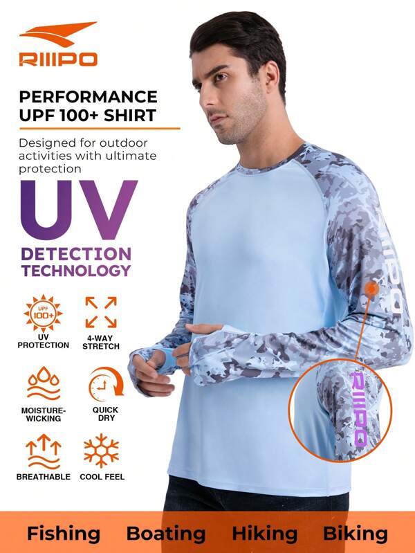 RIIIPO RIIIPO Men's UPF 100+ Performance Extended Long Sleeves Outdoor Sun Protection Fishing Shirt With UV Detection Technology, Round Neck, Camouflage Print, Integrated Microfiber Lens Cleaner, Rapid Sweat Wicking, Quick Dry, Breathable, 4-Way Stretch, Extra Hand Protection Sun Shirt, Activewear For Summer And Fall, Suitable For Hiking, Biking, Water Sport And All Outdoor Activities