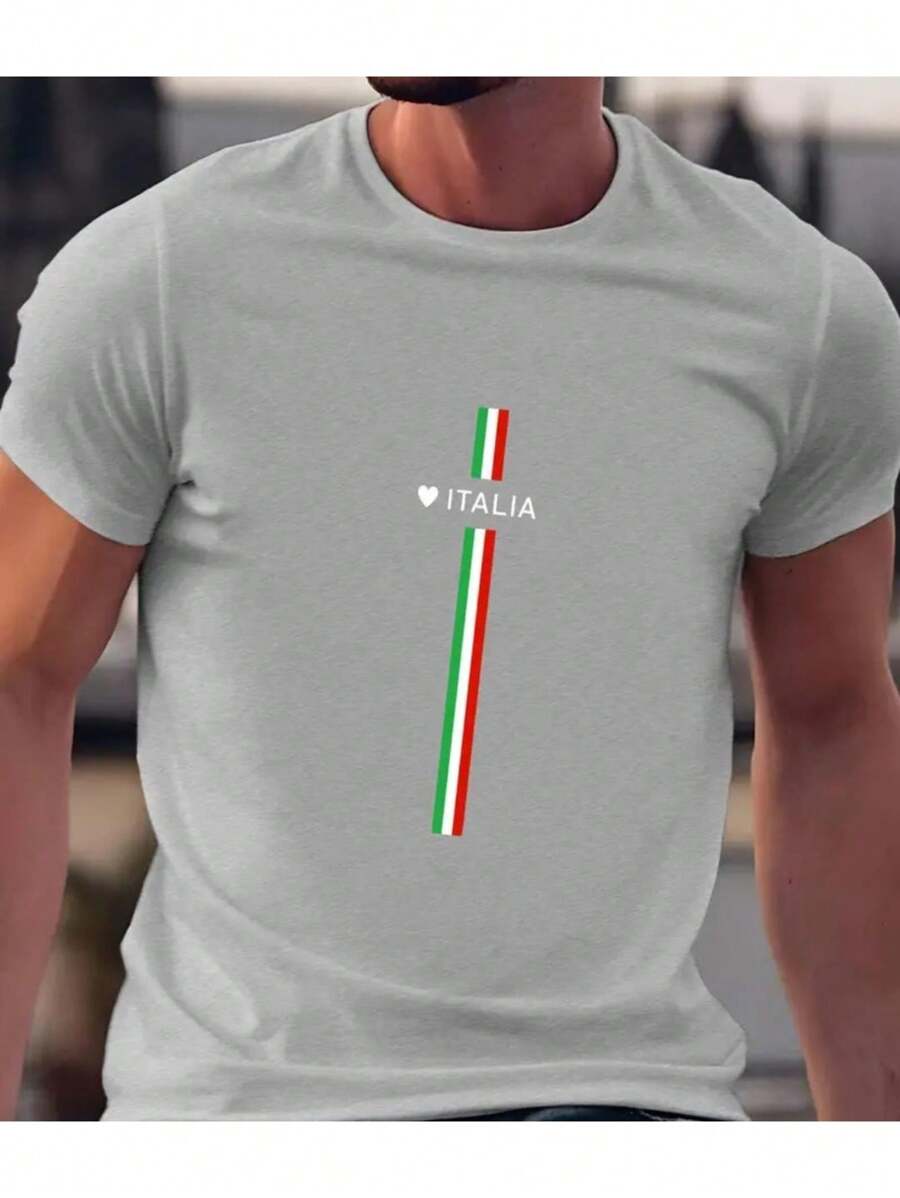 Men's Casual T-Shirt New Arrival Short Sleeve With LOVE ITALIA Print - Màu Xám nhạt - Xem 1