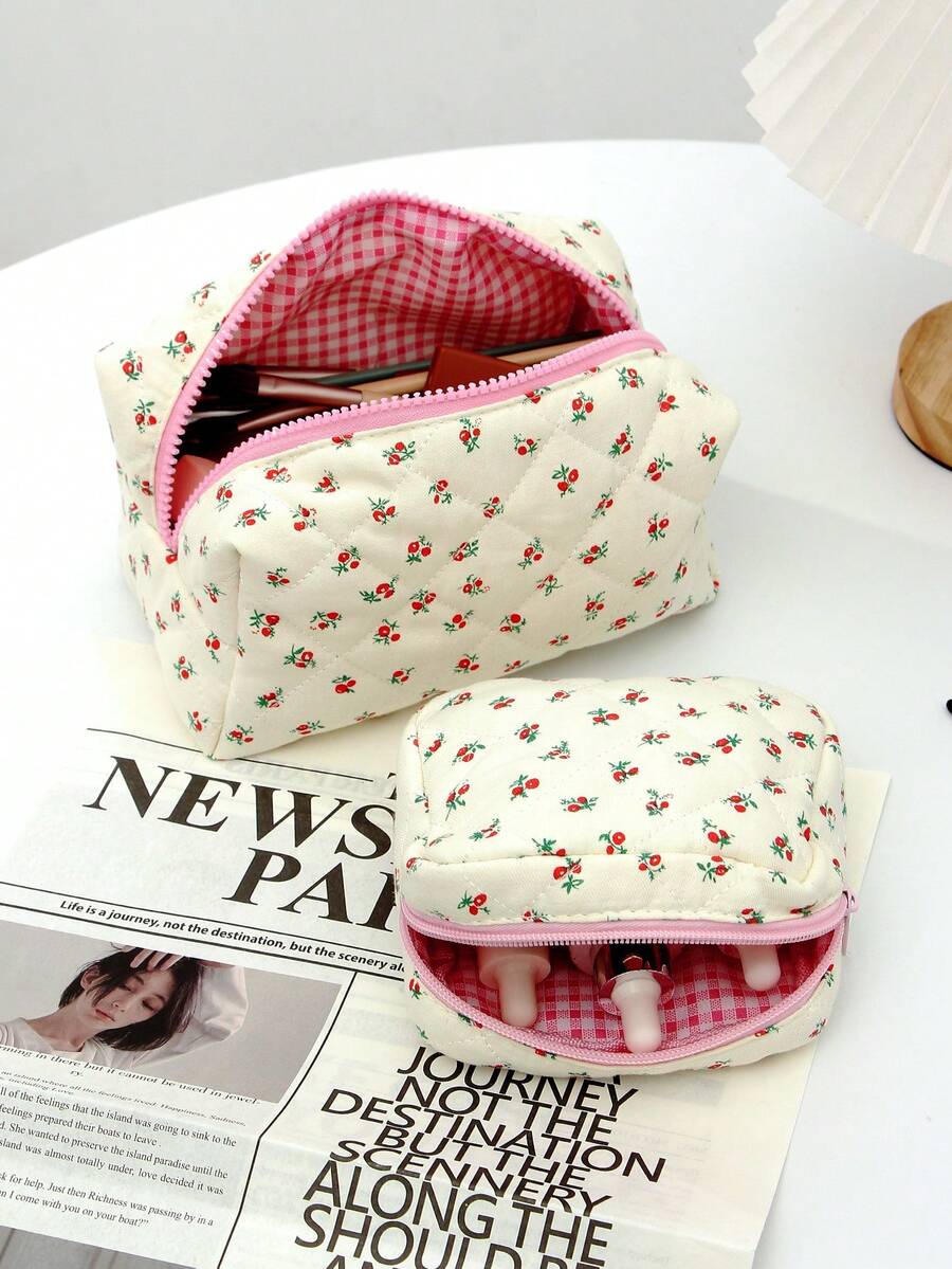 1PC/Set Rose Blossom Quilted Makeup Bag With Cute Red Cherries, High