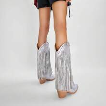 Women's Rhinestone Fringe Cowgirl Boots, Sparkly Western Cowboy Boots Pointed Toe Knee Block Chunky Middle Heel Pull On Mid Calf Knee High Boots For Women Girl Party - 銀色 - 查看 6