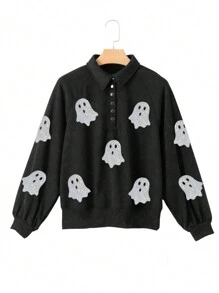 Felpa con scollo a goccia con bottoni e spalle cadenti, con stampa grafica fantasma decorata con paillettes per Ognissanti