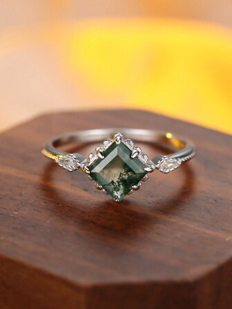 Elegant & Noble Silver Square Green Agate Ring, Wedding Engagement Anniversary Gift For Women