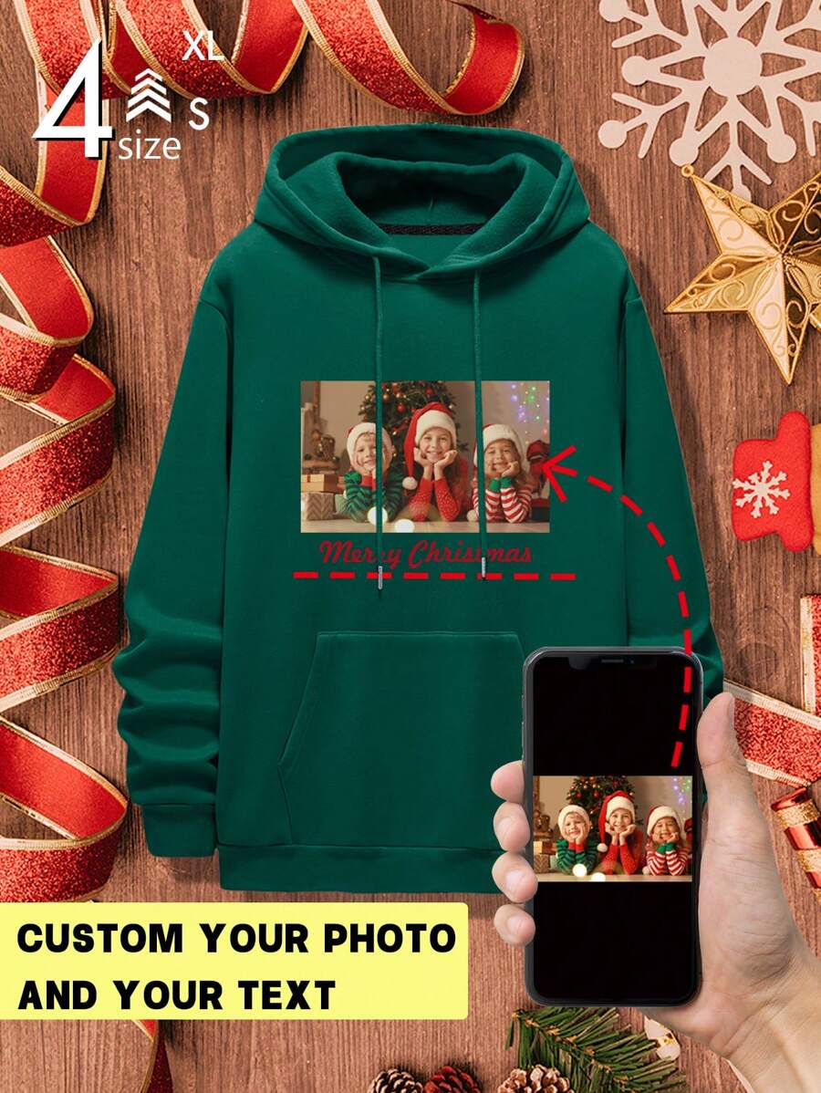 Customized Men's Christmas Print Fleece Funny Hoodie - Dark Green - View 1