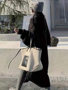 纯色前开宽松针织开衫，休闲长袖长款带口袋毛衣，女士服装，长袖上衣