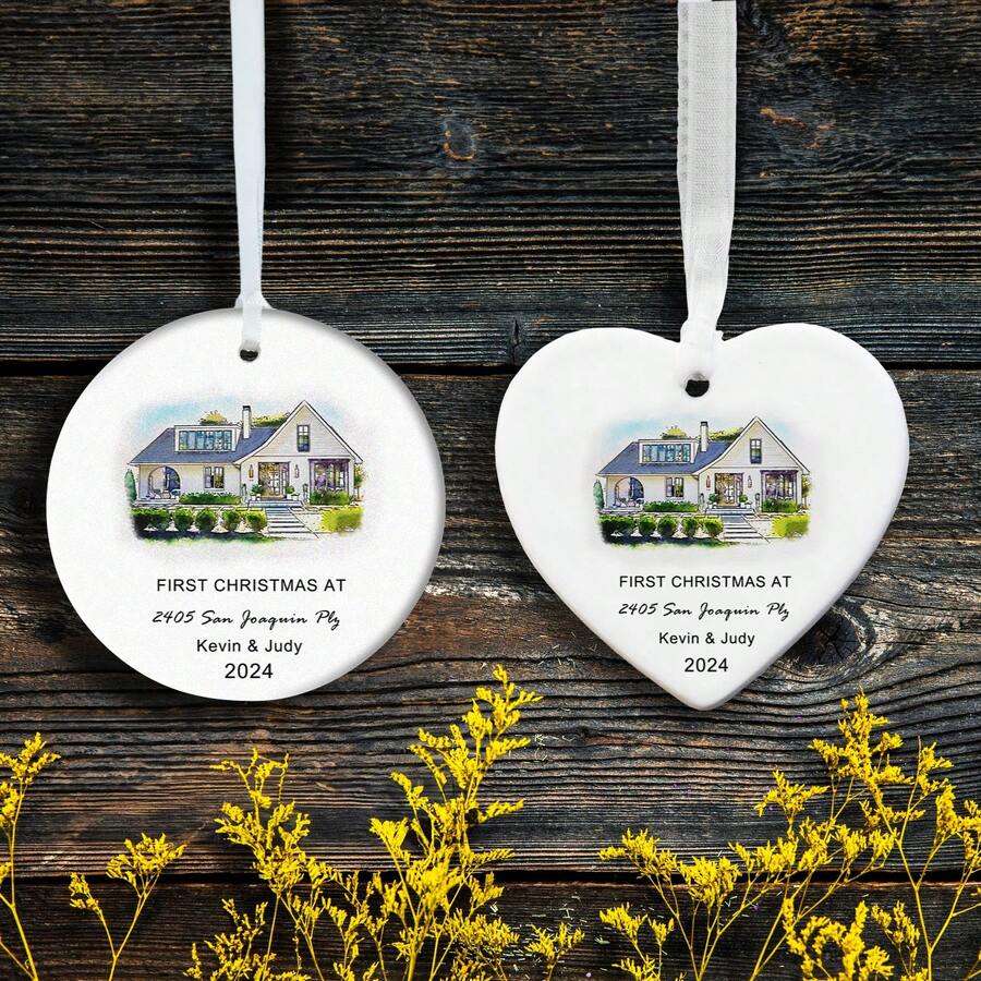 为新家定制第一个圣诞装饰，个性化水彩房子照片心形陶瓷圣诞装饰品，家庭住址和夫妇姓名圣诞装饰，带礼品盒的圣诞礼物 - 米色 - 查看 1