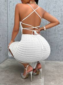 Vestido camisero de unicolor, sexy, con espalda descubierta y aberturas, ajustado al Body, para el verano - Blanco - Ver 2