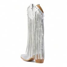 Women's Rhinestone Fringe Cowgirl Boots, Sparkly Western Cowboy Boots Pointed Toe Knee Block Chunky Middle Heel Pull On Mid Calf Knee High Boots For Women Girl Party - 銀色 - 查看 2