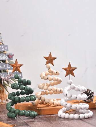 1pc Creative Wooden 5-Pointed Star & Bead Christmas Tree Tabletop Decor,Christmas