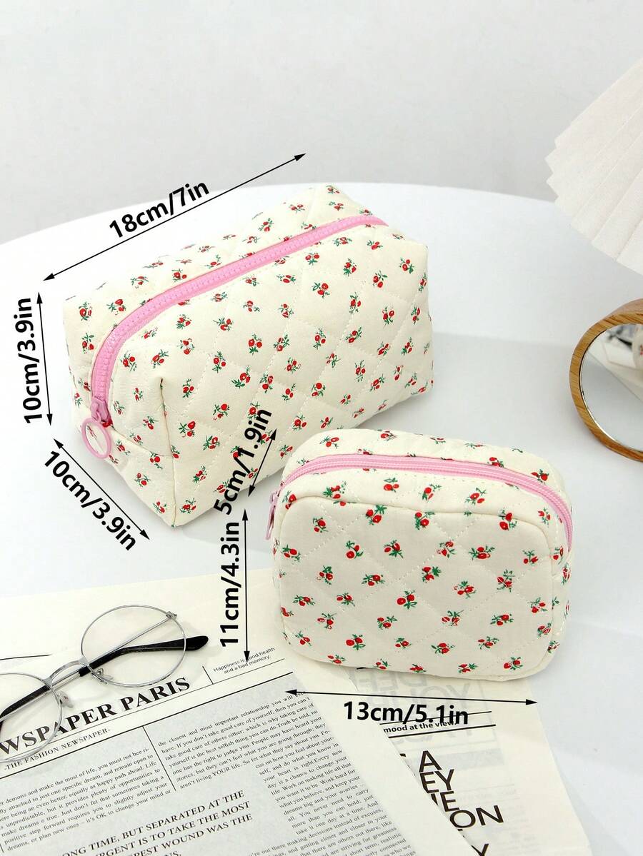 1PC/Set Rose Blossom Quilted Makeup Bag With Cute Red Cherries, High