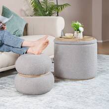 Round Ottoman With Storage Set Of 2, Boucle Vanity Stool For Makeup, Boucle Round Storage Ottoman,Multifunctional Foot Rest Coffee Table Seat For Living Room, Bedroom - Xám - Xem 7