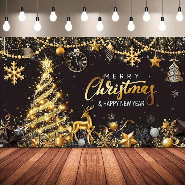 1 conjunto de cortina de fundo para festa temática de Natal e Ano Novo em poliéster preto e dourado - cenário de feriado multifuncional com árvore de Natal e decorações - adequado para comemoração de feriados e decoração fotográfica de véspera de Ano Novo, Natal