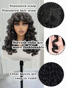 Curly Wigs For Women Synthetic Loose Wig Black 18 Inch Natural Cosplay Hair Wig With Bangs Heat Resistant Wig - màu đen - Xem 3