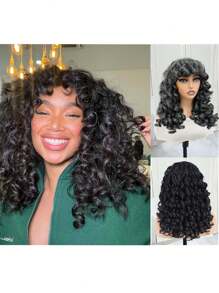 Curly Wigs For Women Synthetic Loose Wig Black 18 Inch Natural Cosplay Hair Wig With Bangs Heat Resistant Wig - màu đen - Xem 8