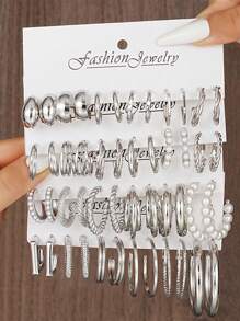 48pcs-12pcs Fashionable Minimalist Elegant Silver Geometric Faux Pearl C Shaped Spiral Twist Flower Heart Multi-Layer Women Party Earring Set, Birthday Holiday Date Accessory