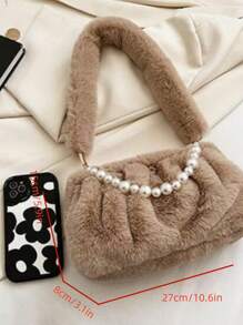 女士时尚简约纯色腋下包，毛绒包，可爱云朵包，褶皱包，珍珠链装饰，拉链防盗，冬季新款，小众设计流行女包，柔软蓬松，女士单肩包，送给朋友的节日礼物 - 卡其色 - 查看 5
