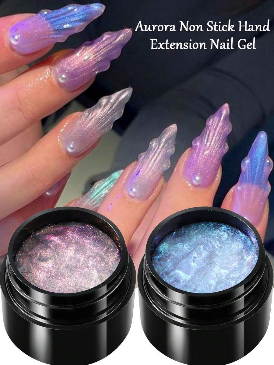 FULL BEAUTY 2pcs/Set Aurora Non-Sticky Solid Nail Extension Gel 5ml Pearlescent Mermaid Extension Gel Solid Nail Reinforcement Gel Rhinestone Glue Non-Sticky Nail Shaping Easy To Operate DIY Home Salon Nail Art Gift - Multicolor - View 1