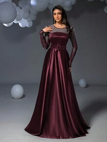 Faeriesty Váy dạ hội trang trọng bằng vải satin đính ngọc trai, váy dự tiệc cưới, váy dự tiệc, váy dạ hội, khách dự tiệc cưới - Màu Đỏ Sâu - Xem 8