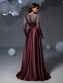 Faeriesty Váy dạ hội trang trọng bằng vải satin đính ngọc trai, váy dự tiệc cưới, váy dự tiệc, váy dạ hội, khách dự tiệc cưới - Màu Đỏ Sâu - Xem 3