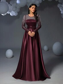 Faeriesty Váy dạ hội trang trọng bằng vải satin đính ngọc trai, váy dự tiệc cưới, váy dự tiệc, váy dạ hội, khách dự tiệc cưới - Màu Đỏ Sâu - Xem 7