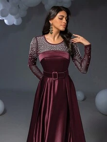 Faeriesty Váy dạ hội trang trọng bằng vải satin đính ngọc trai, váy dự tiệc cưới, váy dự tiệc, váy dạ hội, khách dự tiệc cưới - Màu Đỏ Sâu - Xem 9