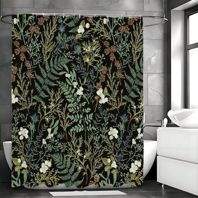 Botanical Sage & Black Leaves Shower Curtain _Waterproof Polyester, Machine Washable, Includes Hooks, Perfect For All Seasons Bathroom Decor Fall Decor Bathroom Accessories Back To School