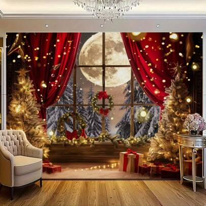 1pc, Christmas Tree And Moon Window View Backdrop Banner, Polyester Photography Background Cloth, Festive Home Decor For Birthday, General Fit, Carnivals - Use Without Electricity, For Entryway & Room Decoration, Fits Various Holidays And Occasions,Christmas
