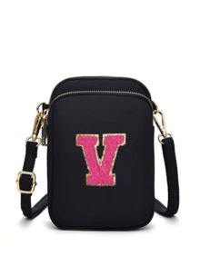 2 Peças Bolsa Transversal Fashion Casual Mini para Caminhada com Bolsa de Tecido para Celular, Porta-moedas Vertical para Mulheres e Meninas, Presentes para Volta às Aulas, Outono e Inverno, Dia dos Namorados (Adesivos de Letra DIY) - Preto - Visão 22