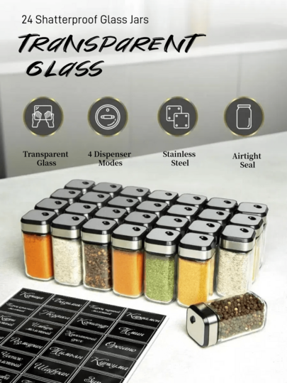 4 Pieces Spice Jar Set, Airtight Glass Containers, Easy-To-Wash, Preserves Flavor & Aroma, Ideal For Kitchen Storage, Dishwasher Friendly, Transparent Glass, Stainless Steel Lids, Modern Kitchen Organization Essentials Christmas Gift