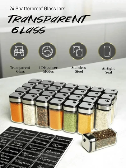 Juego de 4 frascos para especias, recipientes de vidrio herméticos, fáciles de lavar, preservan el sabor y el aroma, ideales para el almacenamiento en la cocina, aptos para lavavajillas, vidrio transparente, tapas de acero inoxidable, artículos esenciales de organización de cocina moderna, regalo de Navidad