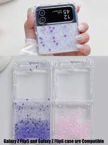 1pc New Pink Gradient Sequins Flowing Sand Design Phone Case Compatible With Galaxy Z Flip3/Z Flip4/Z Flip5/Z Flip6/Z (The Color Of The Phone Case May Vary From Different Angles) Waterproof Shockproof Anti-Fall Scratch Resistant - Pink - View 3