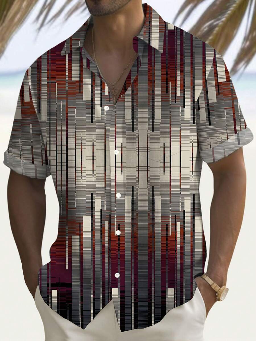 Plus Size Men's Retro Geometric Gradient 3D Digital Print Button Pocket Short Sleeve Shirt - Multicolor - View 1