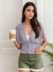Women's Short Sleeve Crochet Cardigan Draped V Neck Cropped Top Shawl Sweater Hollow Beach Cover Up - 紫色 - 查看 4