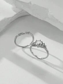 2pcs/Set White Gold Plated Rings With Cubic Zirconia, Elegant Wedding Engagement Rings, Gift Set For Women Christmas Gift - Silver - View 4