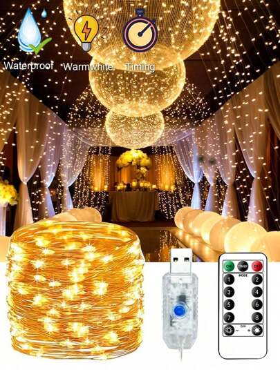 1入組暖白色遙控迷你燈串，配有定時器和USB供電，銅線，適用於節日室內外裝飾，附贈禮盒，8種燈光模式
