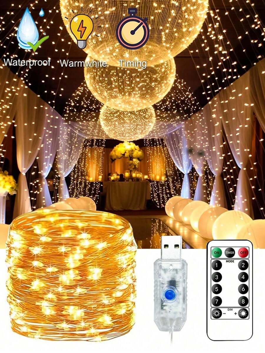 1pc Warm White Remote Controlled Fairy Light, USB Powered LED String Light With Timer, Copper Wire, For Festival Indoor Outdoor Decoration, Gift Box Included, 8 Light Modes