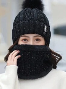 1 set Bonnet et écharpe tricotés pour femme en hiver, ensemble de bonnet épais doublé pour réchauffer les oreilles