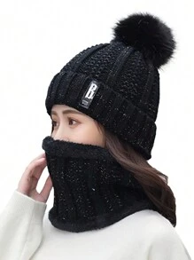 1 set Bonnet et écharpe tricotés pour femme en hiver, ensemble de bonnet épais doublé pour réchauffer les oreilles