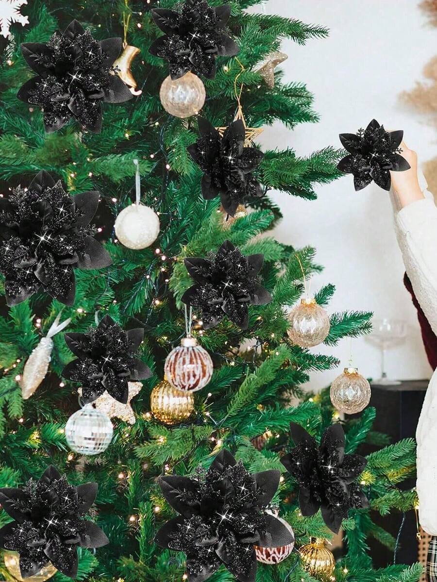 5/10 Pcs, Black Christmas Tree Ornaments - Poinsettia Christmas Tree Decorations Christmas Ornaments Glitter Artificial Christmas Flowers, DIY Wreath, Home Decorations, Wedding Party, Christmas Gift Decorations, Christmas Ornaments Holiday Party Supplies,,Christmas