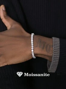 925 Sterling Silver Tennis Moissanite Bracelet For Men, Fully-Paved Moissanite Shiny Bracelet, Jewelry Gift, Unisex Hip-Hop Bracelet For Wedding, Engagement, Fashion Party, High-Level Jewelry Gift, Anniversary - Silver - View 1