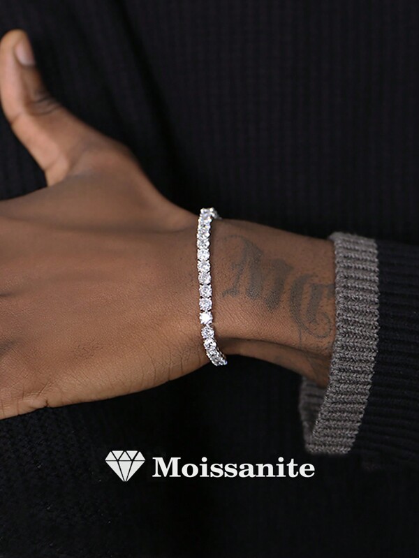 925 Sterling Silver Tennis Moissanite Bracelet For Men, Fully-Paved Moissanite Shiny Bracelet, Jewelry Gift, Unisex Hip-Hop Bracelet For Wedding, Engagement, Fashion Party, High-Level Jewelry Gift, Anniversary