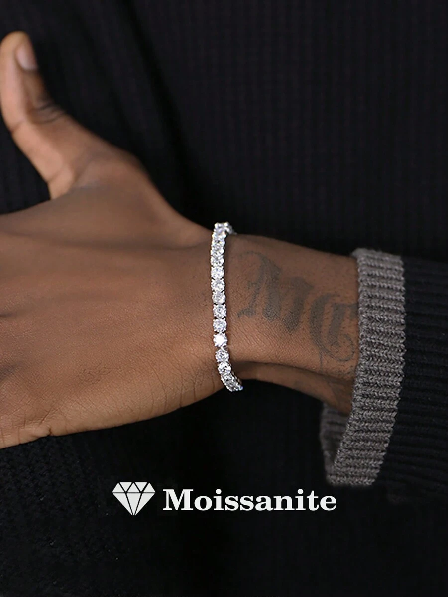 925 Sterling Silver Tennis Moissanite Bracelet For Men, Fully-Paved Moissanite Shiny Bracelet, Jewelry Gift, Unisex Hip-Hop Bracelet For Wedding, Engagement, Fashion Party, High-Level Jewelry Gift, Anniversary - Silver - View 1