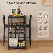 3 Piece Dining Table Set, Bar Table And Chairs For 2 With 3 Storage Shelves, Kitchen Table And Chairs For 2 With Pu Cushion Chairs & Thick Wood Top - 黑色 - 查看 5